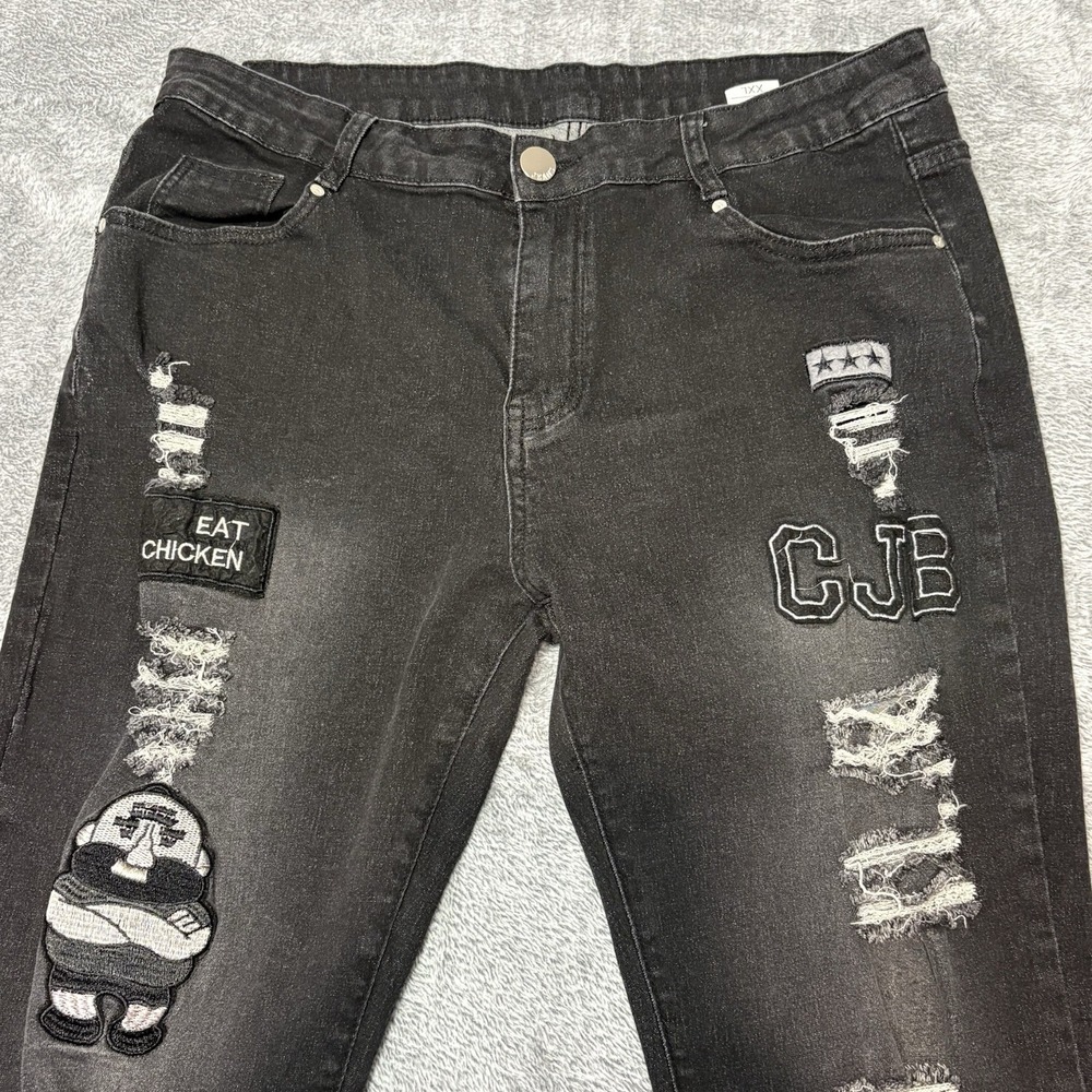 Black Distressed Skinny Jeans XXL Patches Graphic Streetwear Stretch Denim - Picture 2 of 12